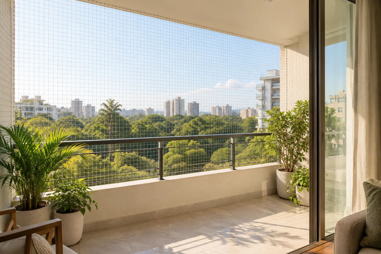 Illustrative balcony with bird-exclusion netting